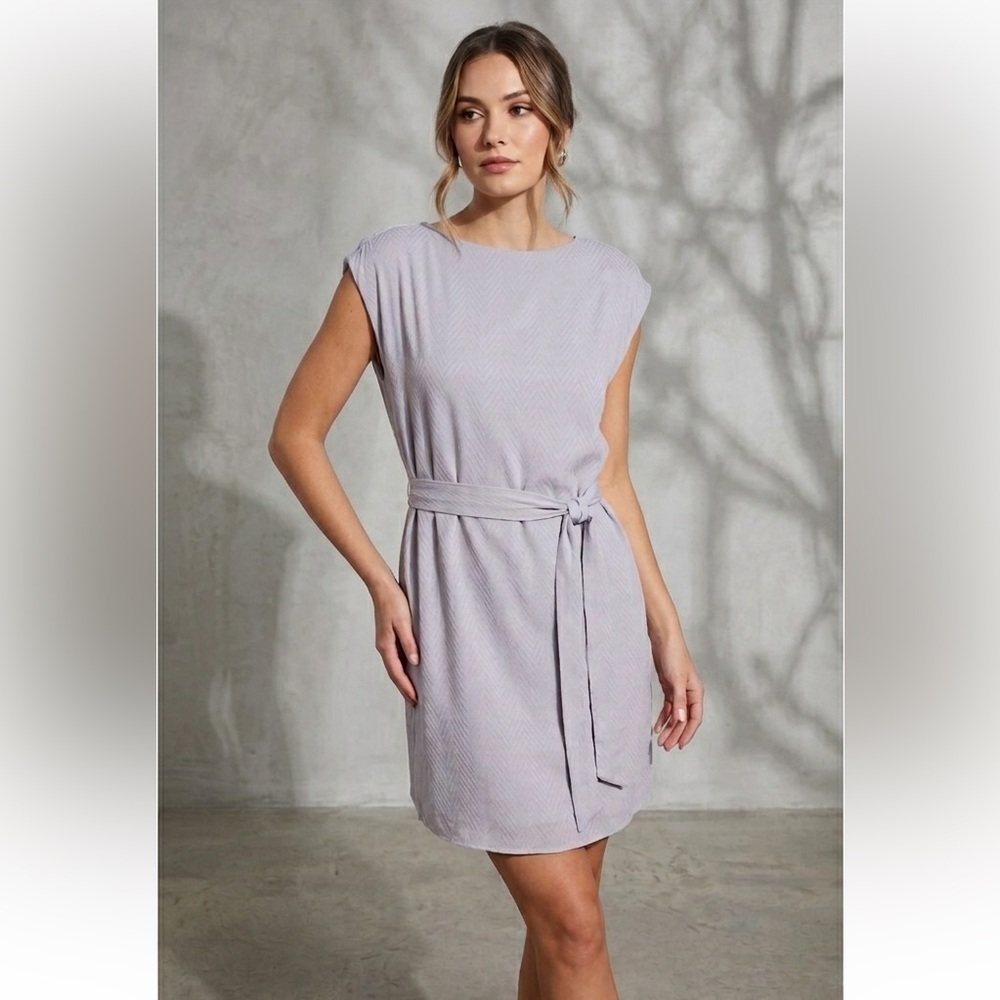 Kori America Lavender Grey Pleated Belted Shift Dress, Size Medium